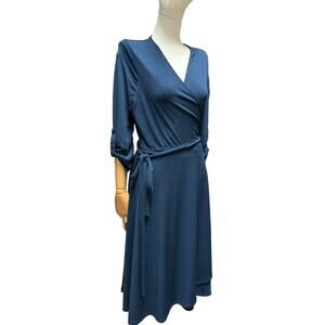 Mod Cloth Womens Wrap Dress Size XL Navy Blue Crepe Jersey Midi Made USA Stretch